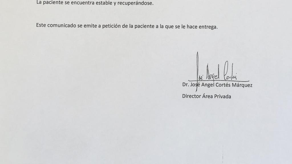 El parte médico facilitado por la Fundación.