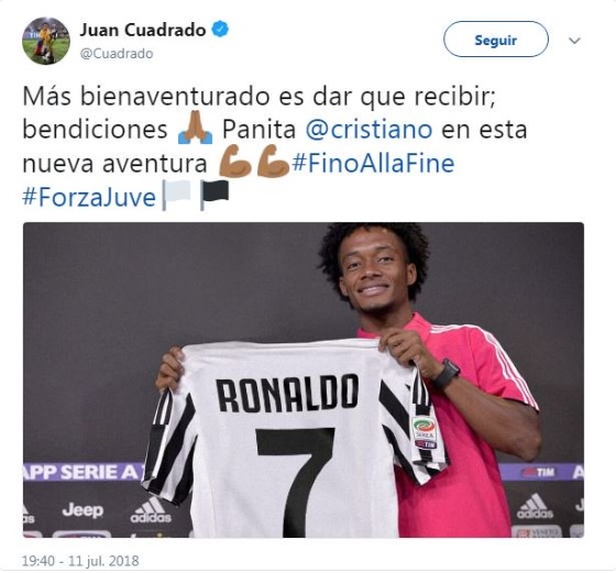 Mensaje de cuadrado a Cristiano. Foto: Twitter (@Cuadrado)