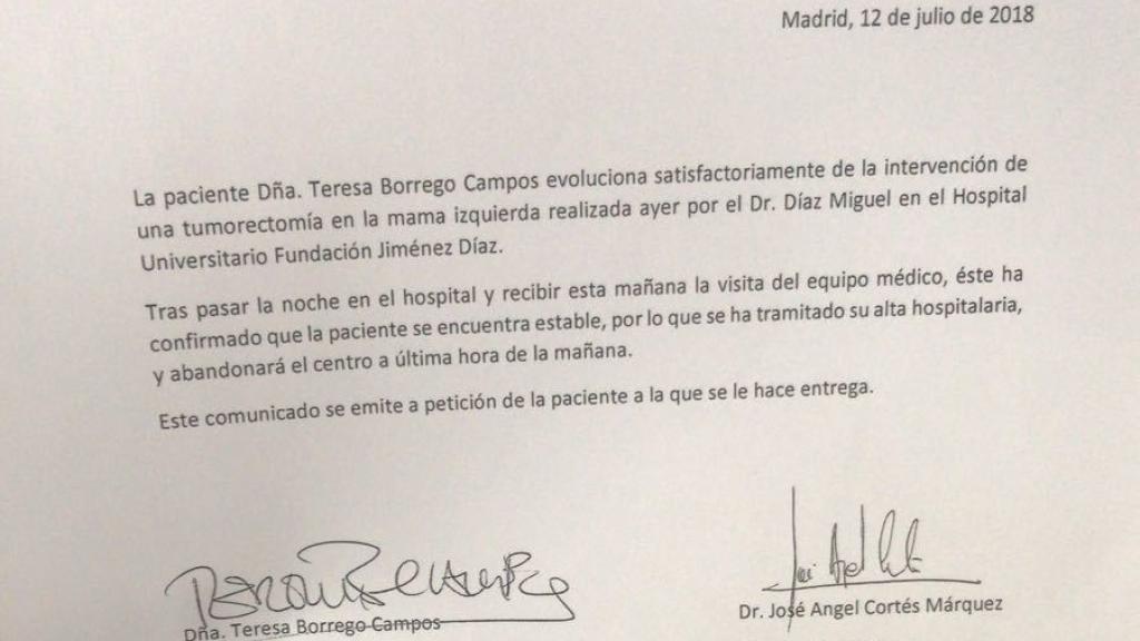 Comunicado oficial del centro.