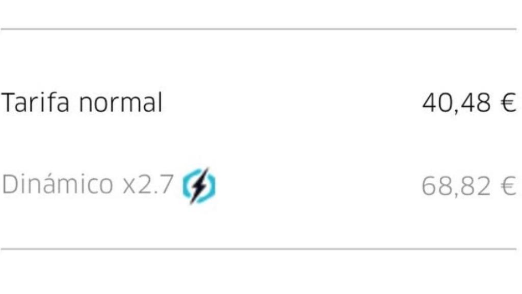 Captura de pantalla de las tarifas de Uber.