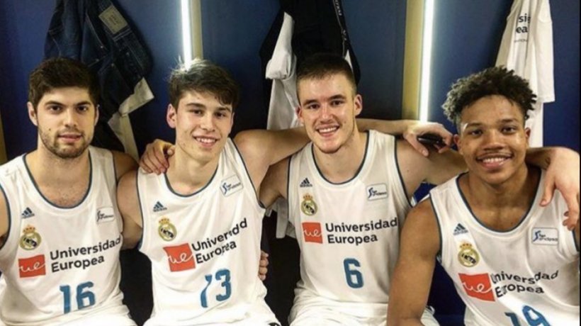Santi Yusta, Mario Nakic, Dino Radoncic y Melwin Pantzar. Foto: Twitter (@RMBaloncesto)