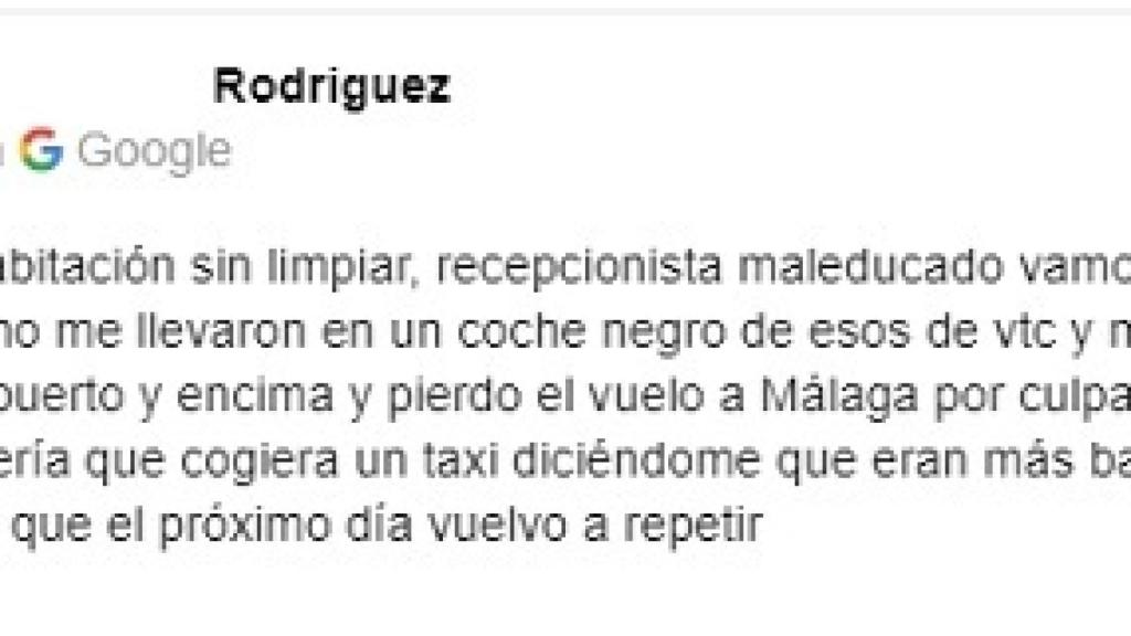 Otro de los comentarios contra el hotel, esta vez en Google.