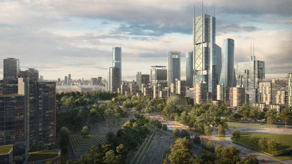 Simulación de Madrid Nuevo Norte, con el nuevo skyline y zonas verdes.