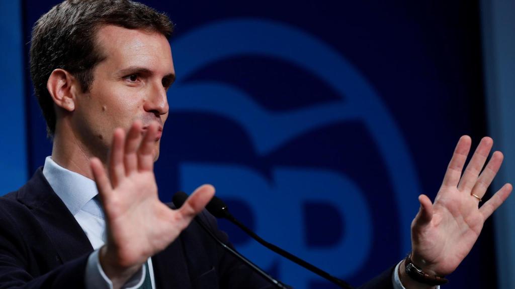 El presidente del PP, Pablo Casado, este lunes en Génova.