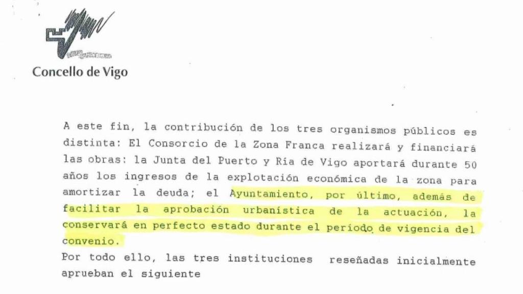 Convenio Abrir Vigo al mar. Extracto en el que se determinan las responsabilidades de los firmantes.