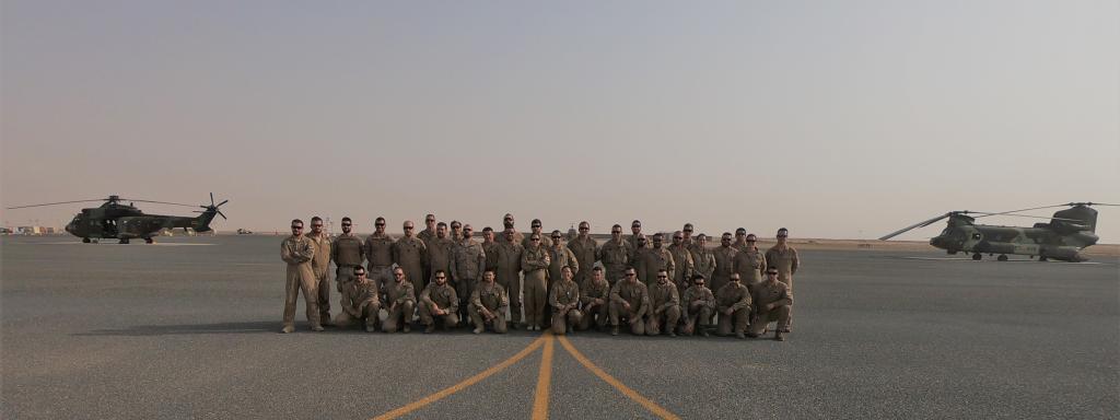 La comandante Gala Gallego posa junto a parte de sus efectivos y los helicópteros españoles en Irak.