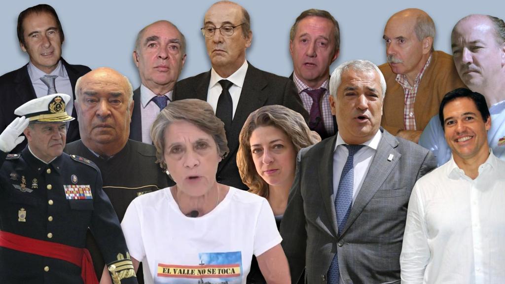 De izquierda a derecha: Cristóbal Martínez-Bordiú, Gonzalo Fernández de la Mora, Francis Franco, Jaime Alonso García, Pío Moa, Luis Felipe Utrera, Juan Antonio Chicharro, Senén Pousa, Pilar Gutiérrez, Sandra Gutiérrez, Luis Pineda y Luis Alfonso de Borbón