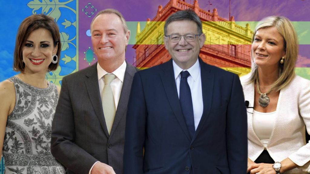 Silvia Jato, Alberto Fabra, Ximo Puig y Gabriela Bravo en un montaje de Jaleos.