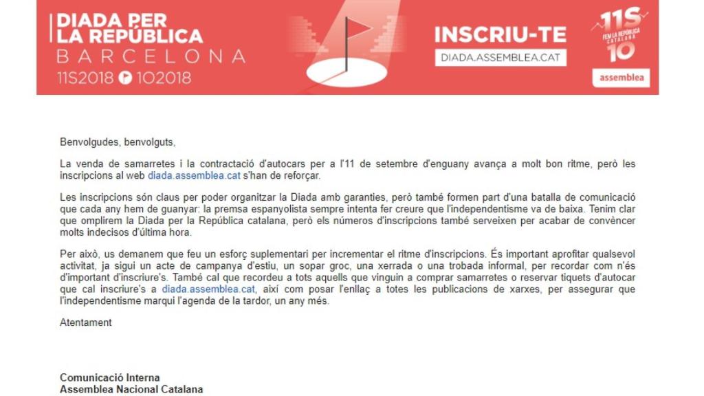 Captura del correo electrónico enviado por la ANC a sus socios.