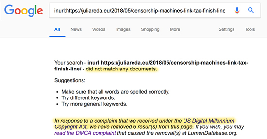 Pantallazo de la eurodiputada Julia Reda sobre su artículo desaparecido de Google.