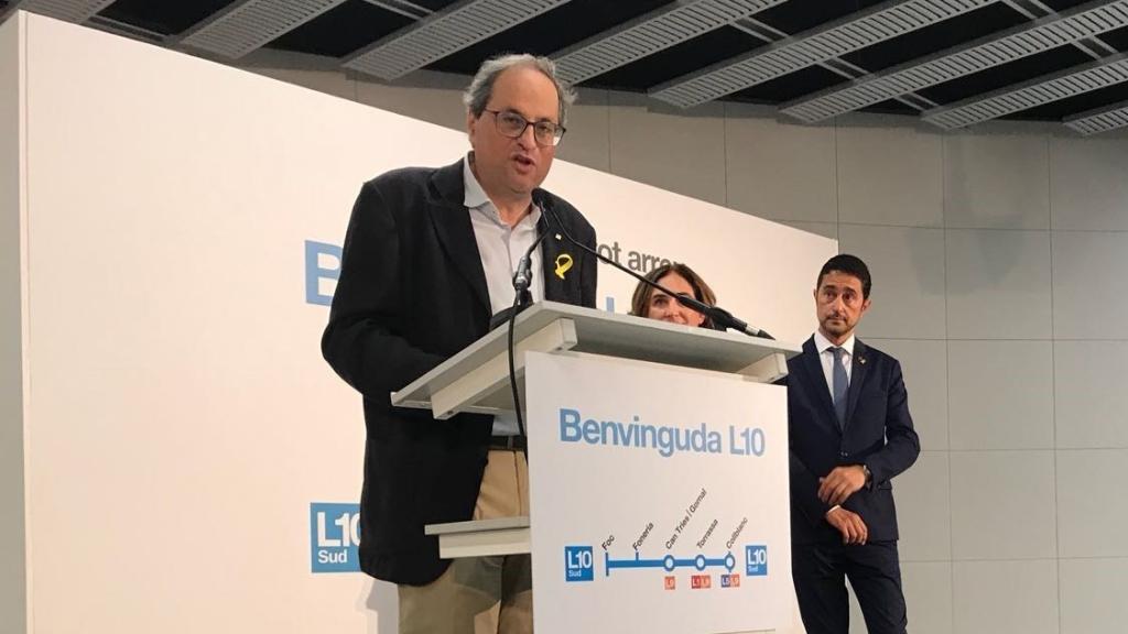 Quim Torra, durante el acto inaugural de la L10 del metro de Barcelona.