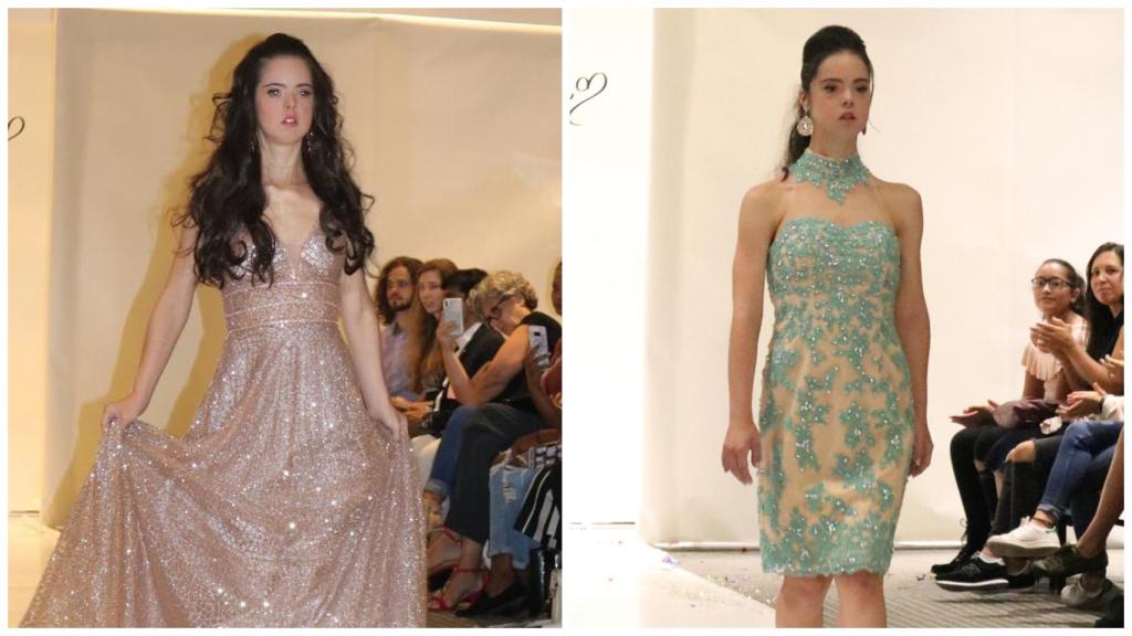 Marián Ávila, la modelo con Síndrome de Down durante su desfile en un montaje con imágenes de redes sociales.
