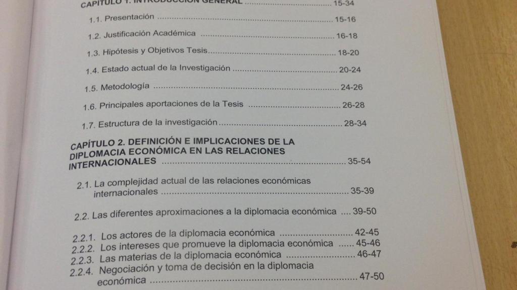 Primera página del índice de la tesis de Sánchez.