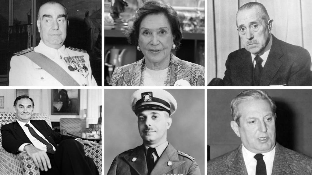 De izquierda a derecha y de arriba abajo: Carrero Blanco, Carmen Polo, Arias Navarro, Tomás y Valiente, el dictador Trujillo y Joaquín Calvo Sotelo.