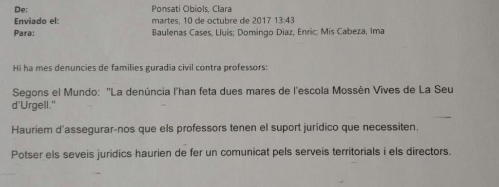Correo electrónico enviado por Clara Ponsatí.