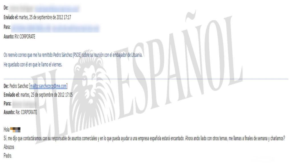 Correo de Pedro Sánchez sobre su encuentro con el cuerpo diplomático de Lituania.