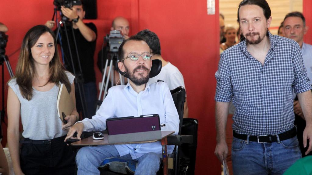 Ione Belarra, Pablo Echenique y Pablo Iglesias, en la presentación de su documento de Presupuestos.