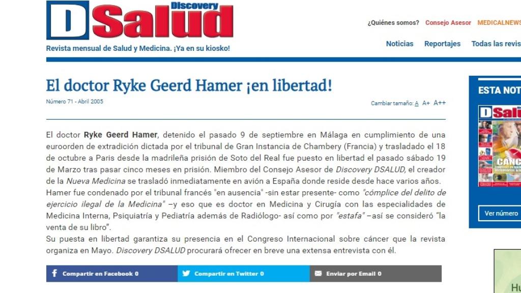 La revista, celebrando en una noticia la puesta en libertad de un hombre condenado en varios países y expulsado del mundo de la medicina. Se trata de Hamer.