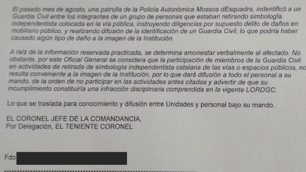 Comunicado del teniente coronel a sus agentes.