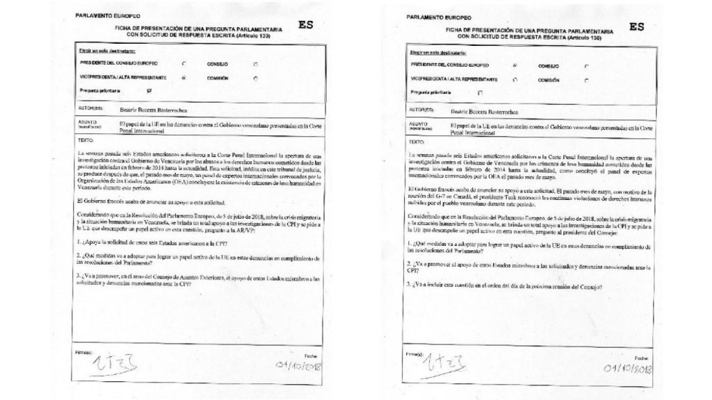 Cartas de la eurodiputada Beatriz Becerra a Mogherini y Tusk, para que los países de la UE se sumen a la denuncia a Maduro ante la CPI por crímenes de lesa humanidad.