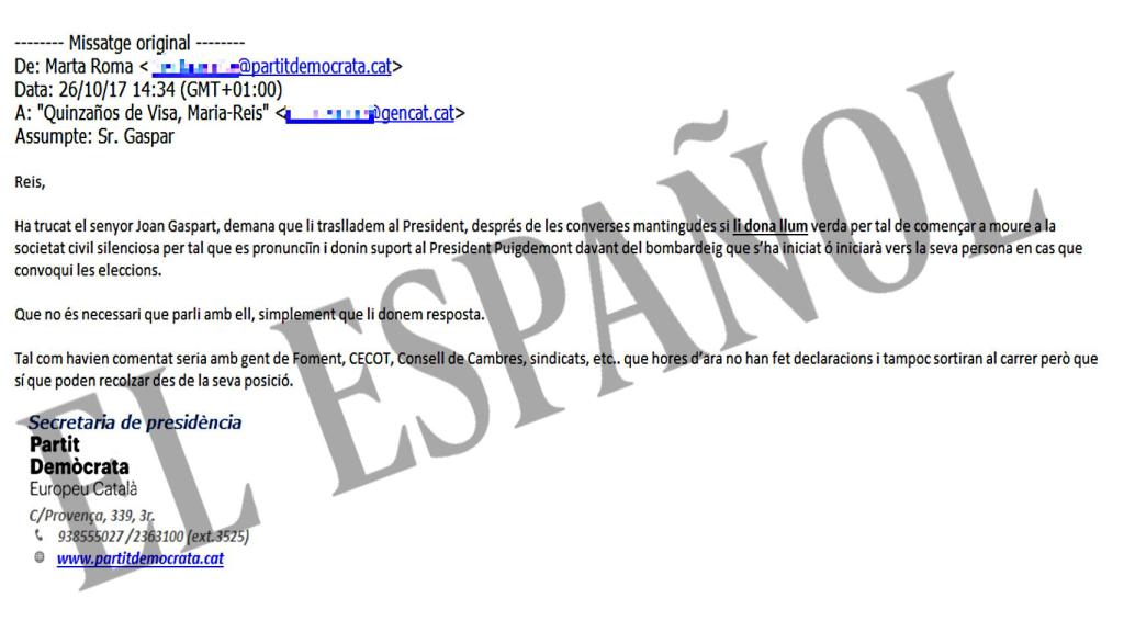 El correo enviado por Marta Romà (PDeCAT) a Maria-Reis Quinzaños, secretaria de Artur Mas.