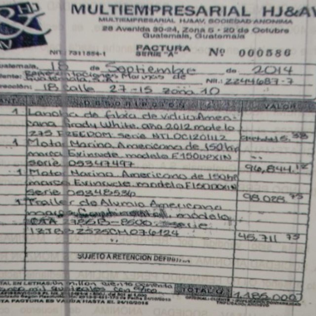 Factura de la barca comprada para el presidente de Guatemala.