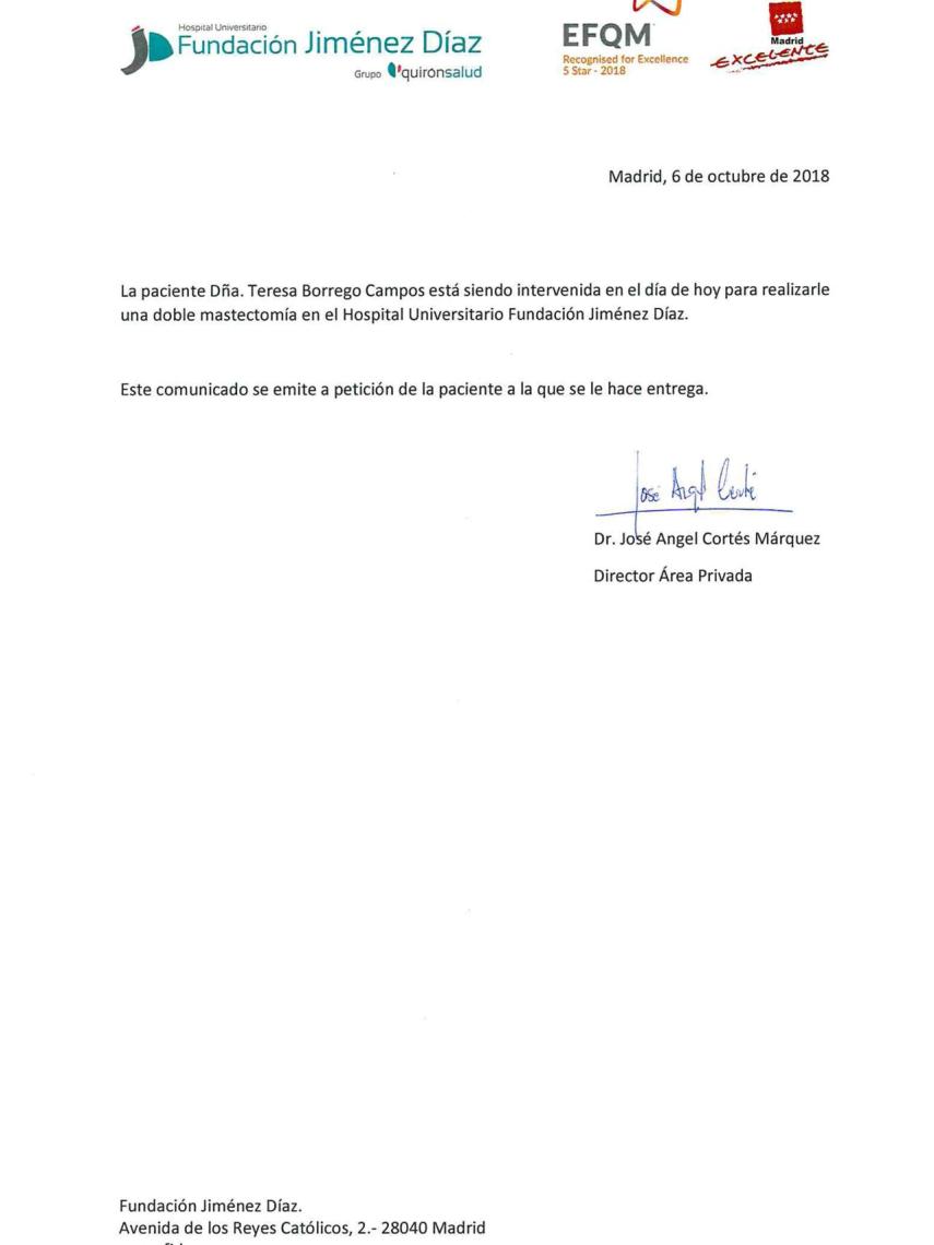 Parte médico emitido por la Fundación Jiménez Díaz.