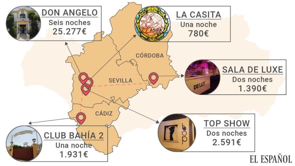 Mapa de los prostíbulos en los que altos cargos de la Junta se gastaron casi 32.000 euros con cargo a un fondo que debía servir ayuda a los parados.