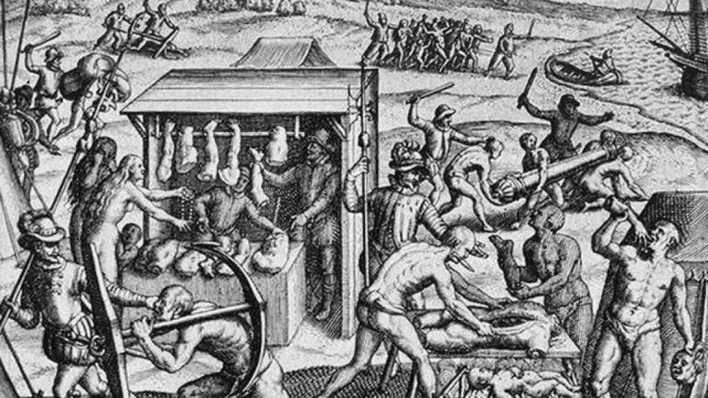 Grabado de las supuestas masacres de los españoles durante la conquista de América.