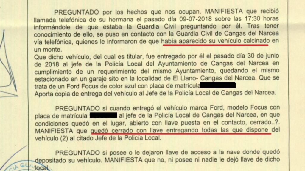 Denuncia interpuesta por José Manuel Martínez cuando hallaron calcinado su coche.
