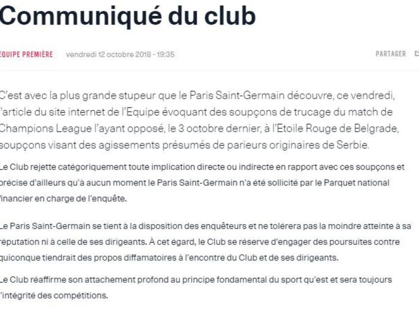 Comunicado del PSG negando la participación en un supuesto amaño