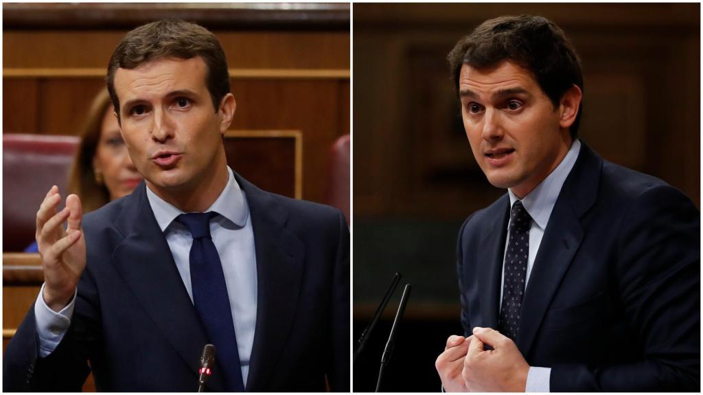 A la izquierda, Pablo Casado en el Congreso. A la derecha, Albert Rivera.