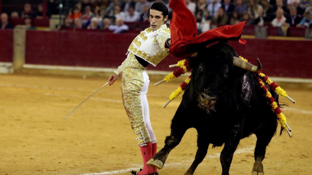 Talavante da un pase con la muleta, durante la última corrida de la Feria del Pilar celebrada este domingo.