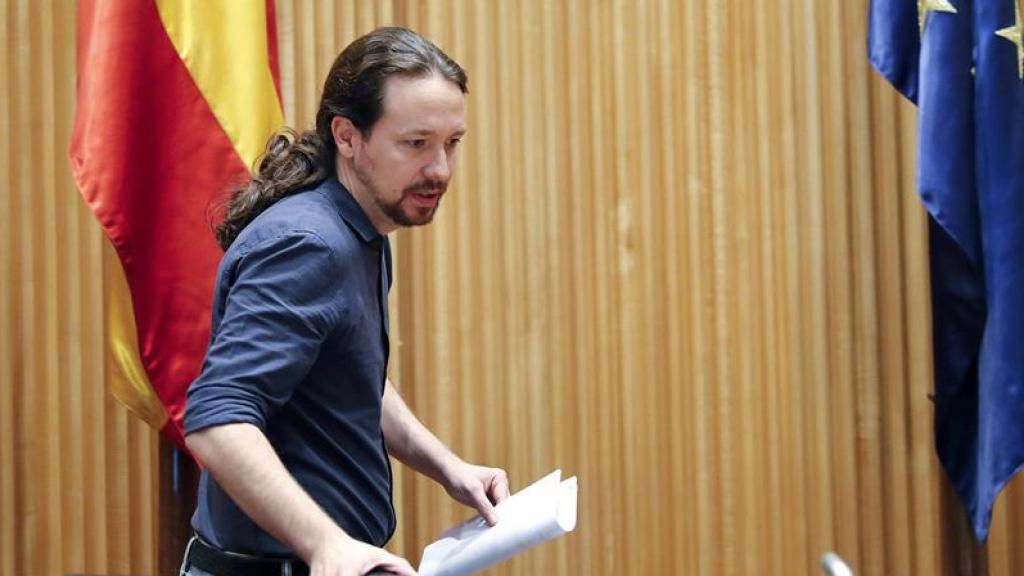 El secretario general de Podemos, Pablo Iglesias, esta tarde.