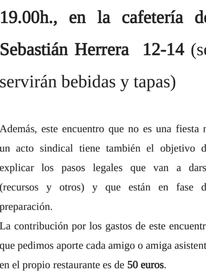 Mensaje de los compañeros de Rodolfo Benito pidiendo un donativo para sufragar el acto.