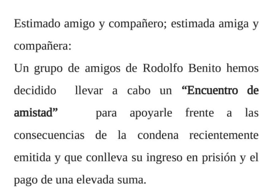 Convocatoria para homenajear a Rodolfo Benito.