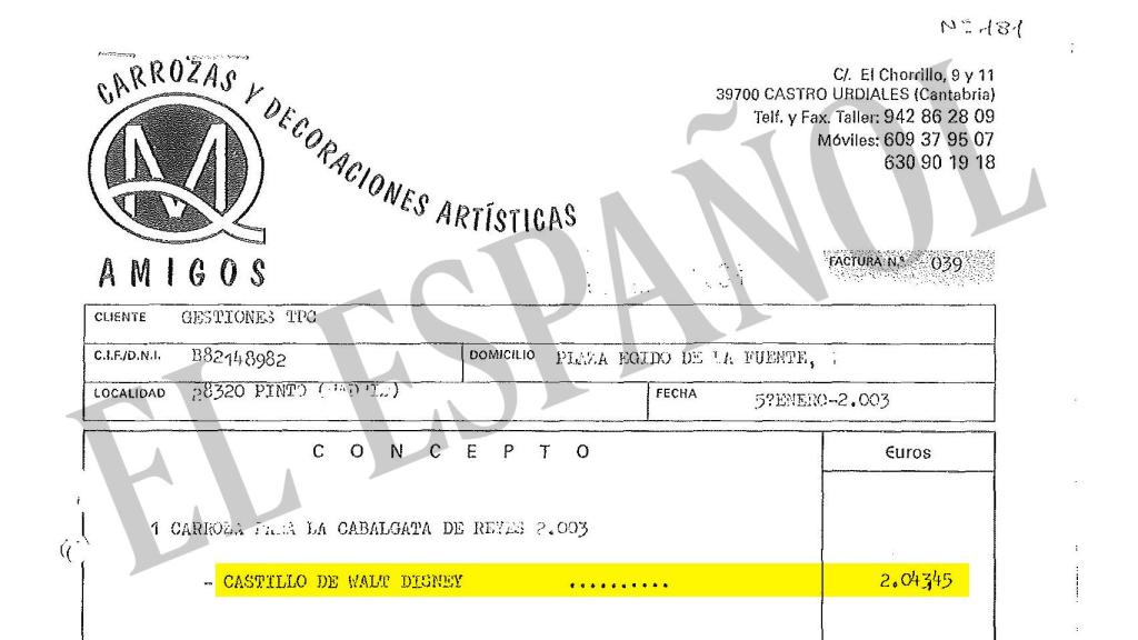 Factura de la carroza alquilada en 2003 a una empresa de Cantabria.