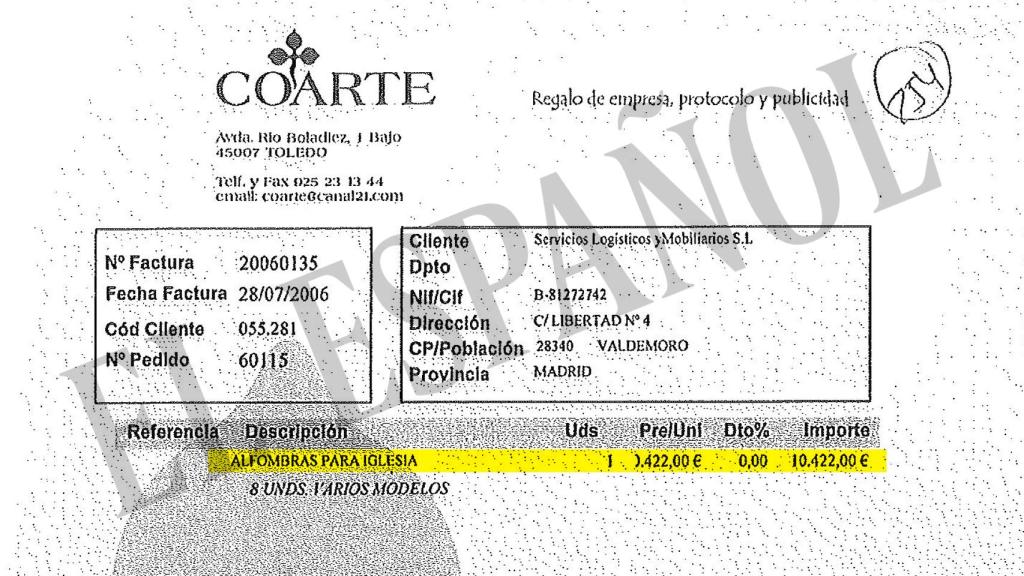 Factura sobre la compra de alfombras para la iglesia.