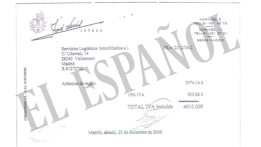 Factura de una joyería presentada por Marjaliza.