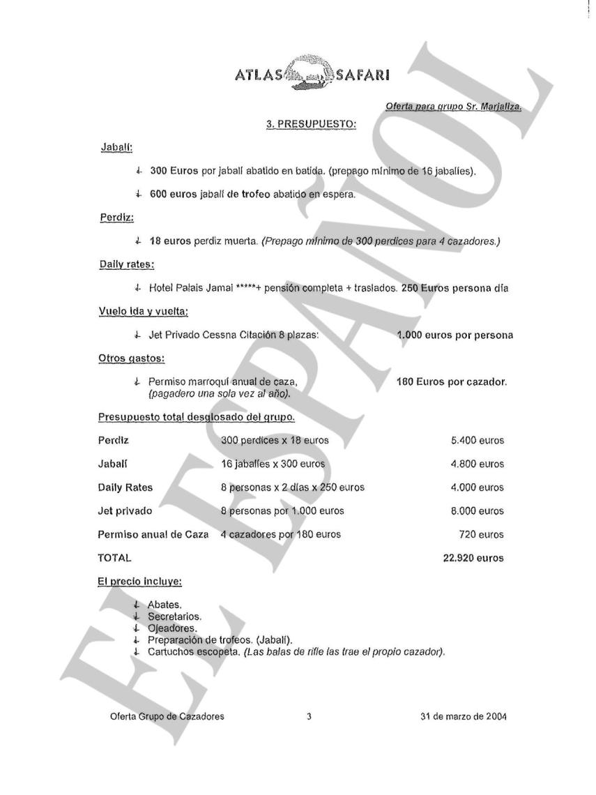 Presupuesto para la cacería en Marruecos celebrada en marzo de 2004.