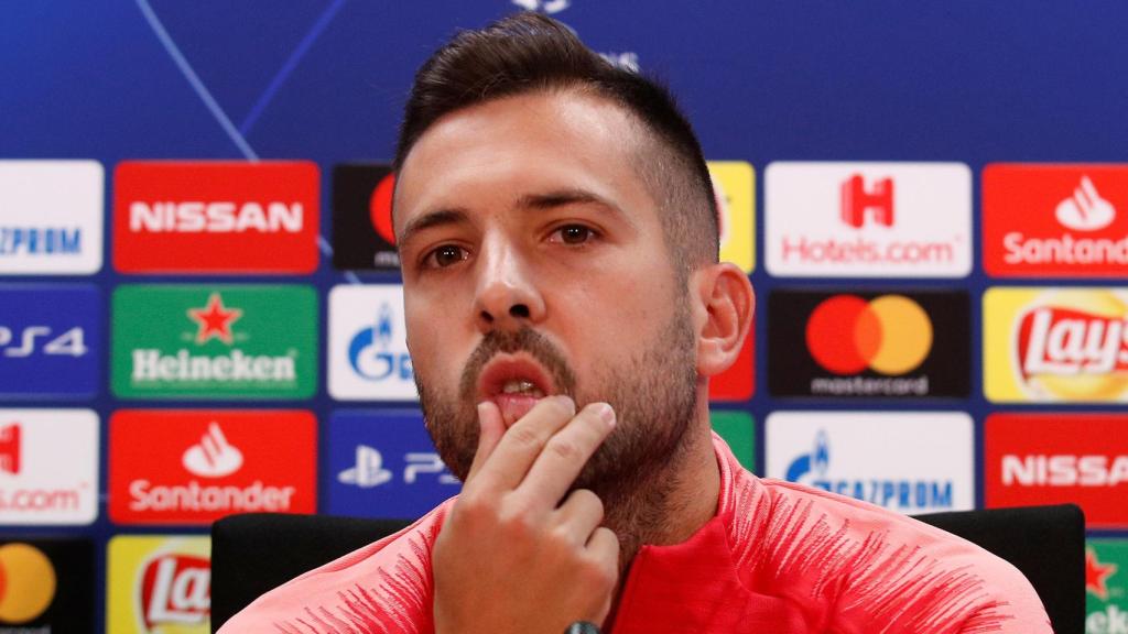 Jordi Alba, en una rueda de prensa del Barcelona previa a la Champions