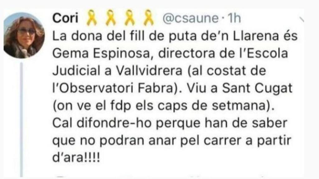 Tuit contra Llarena y su esposa./