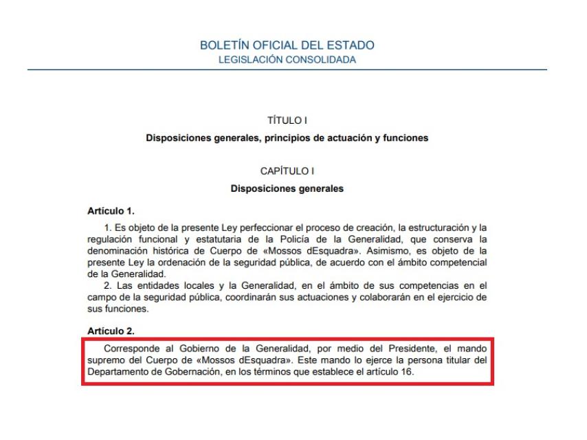Extracto del BOE sobre la ley que regula las estructuras de los Mossos d'Esquadra.