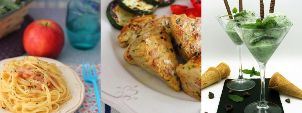 Pasta a la carbonara, bonito marinado con curry y helado de menta