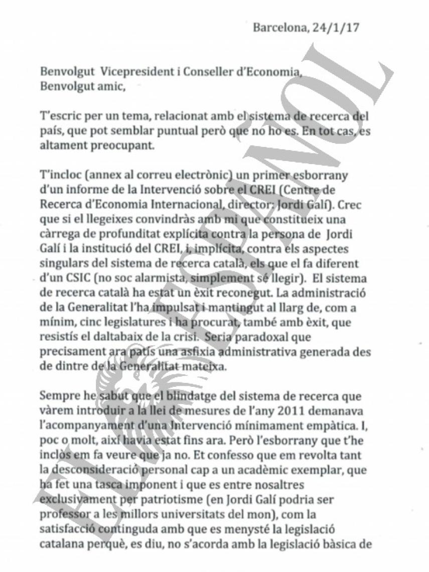 Una de las páginas del escrito remitido por el exconseller Mas-Colell.