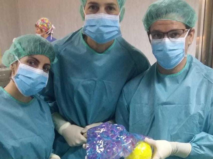 Los médicos con el modelo en resina del hígado.