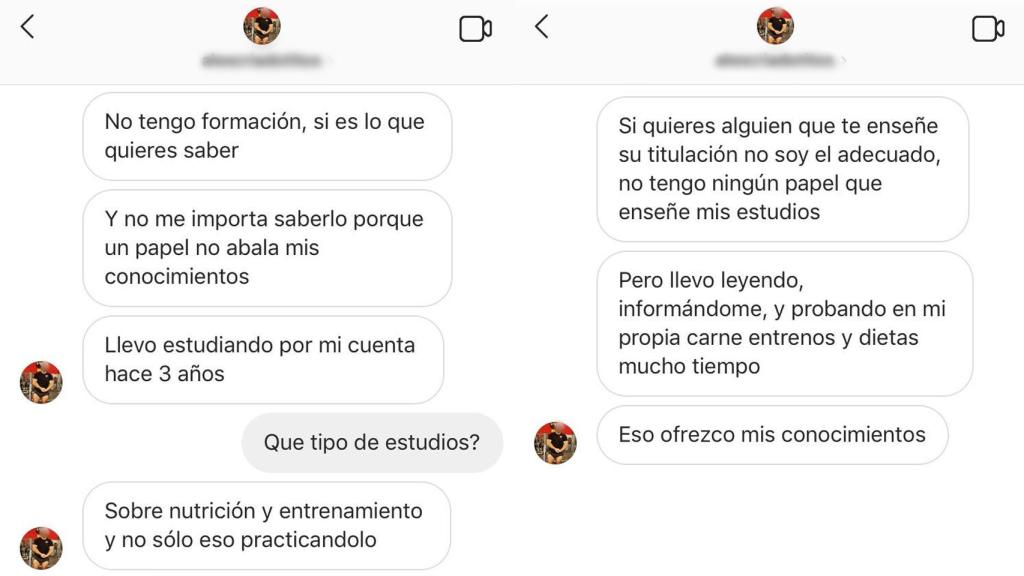 Conversación por Instagram en la que el asesor reconoce que no tiene ninguna formación sanitaria.