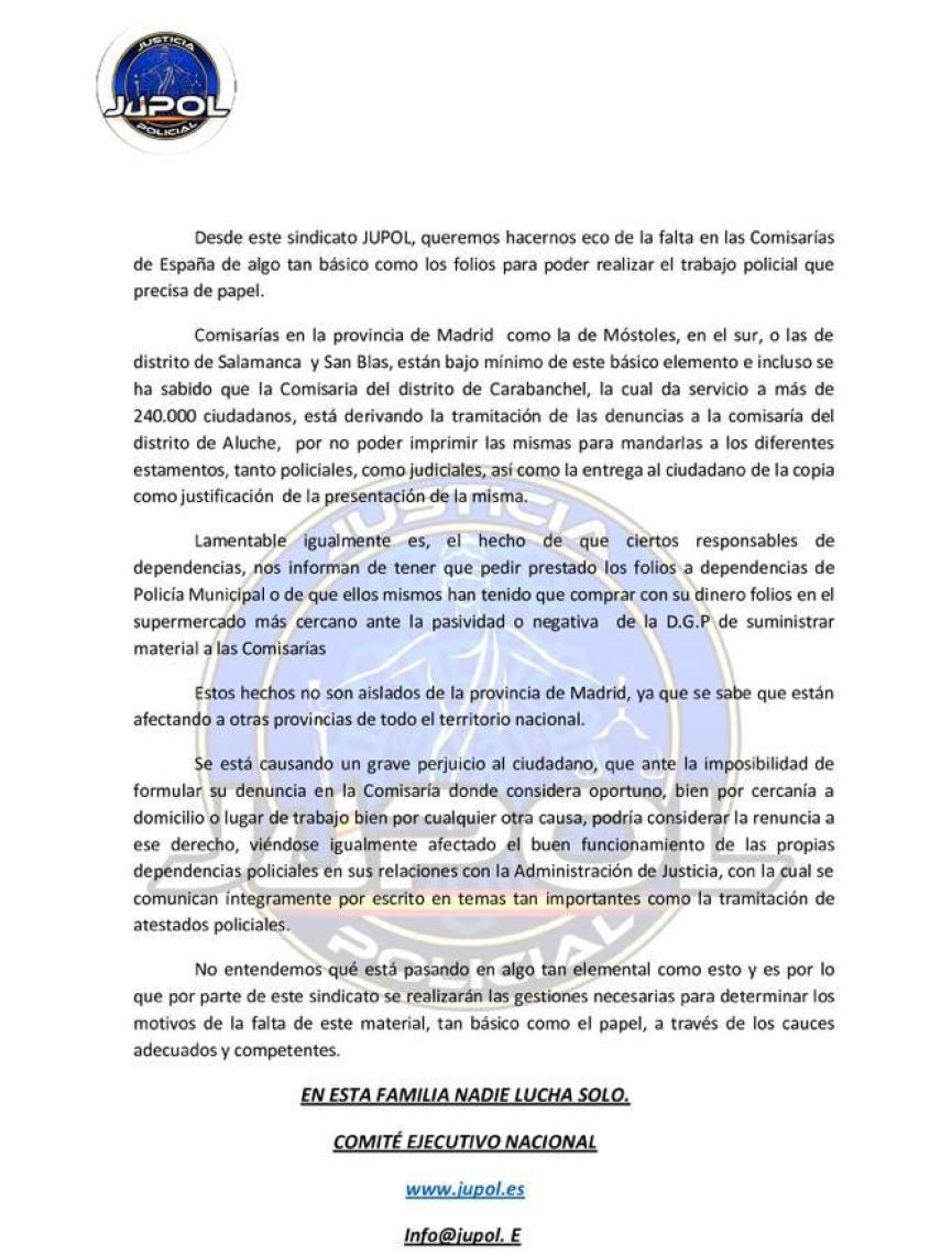 Comunicado difundido por Jupol.