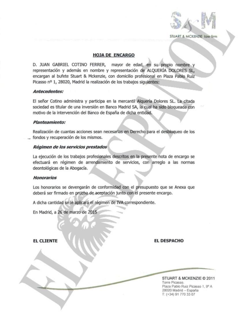 Hoja de encargo elaborada para Juan Cotino.