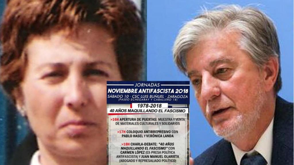 Carmen López Anguita, asesina de los GRAPO, y Pedro Santisteve, alcalde de Zaragoza, junto al cartel de las jornadas Noviembre Antifascista.